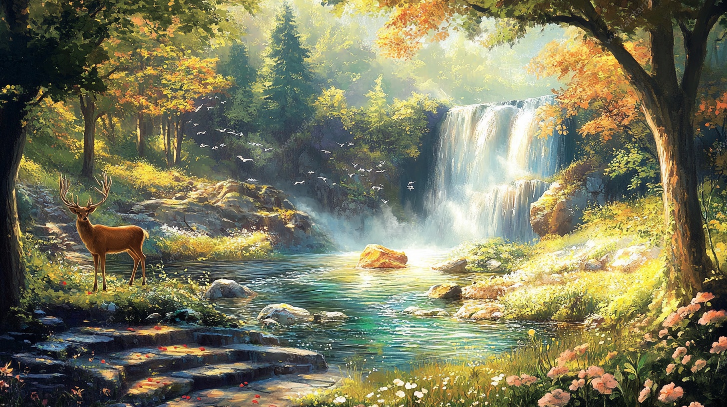 森林瀑布边的小鹿美景