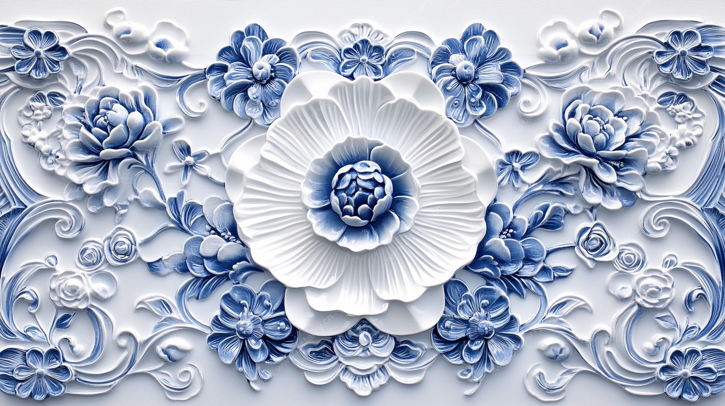 蓝白浮雕花卉装饰图案