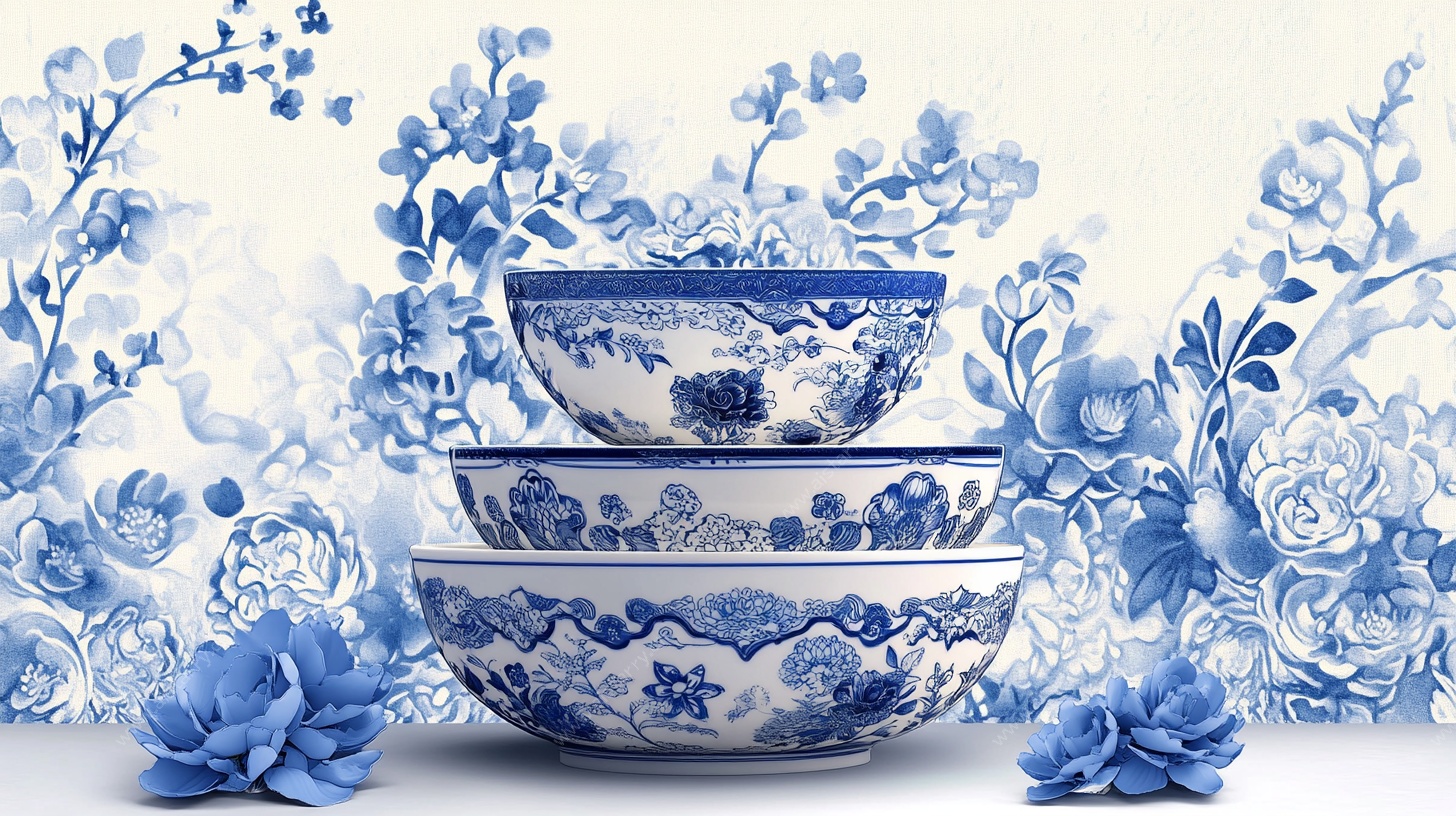 青花瓷碗与花卉装饰图案