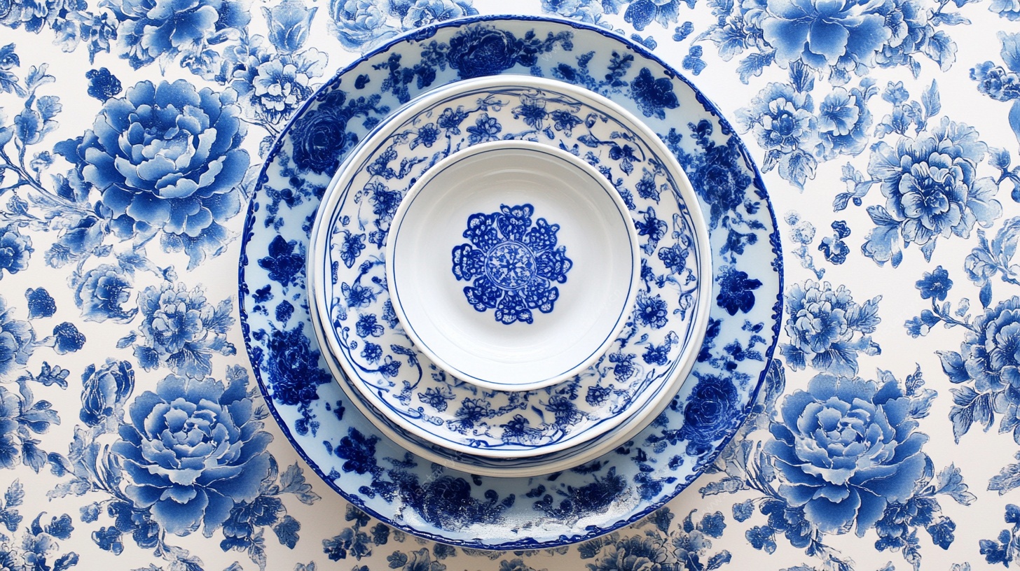 青花瓷餐具与花卉图案背景