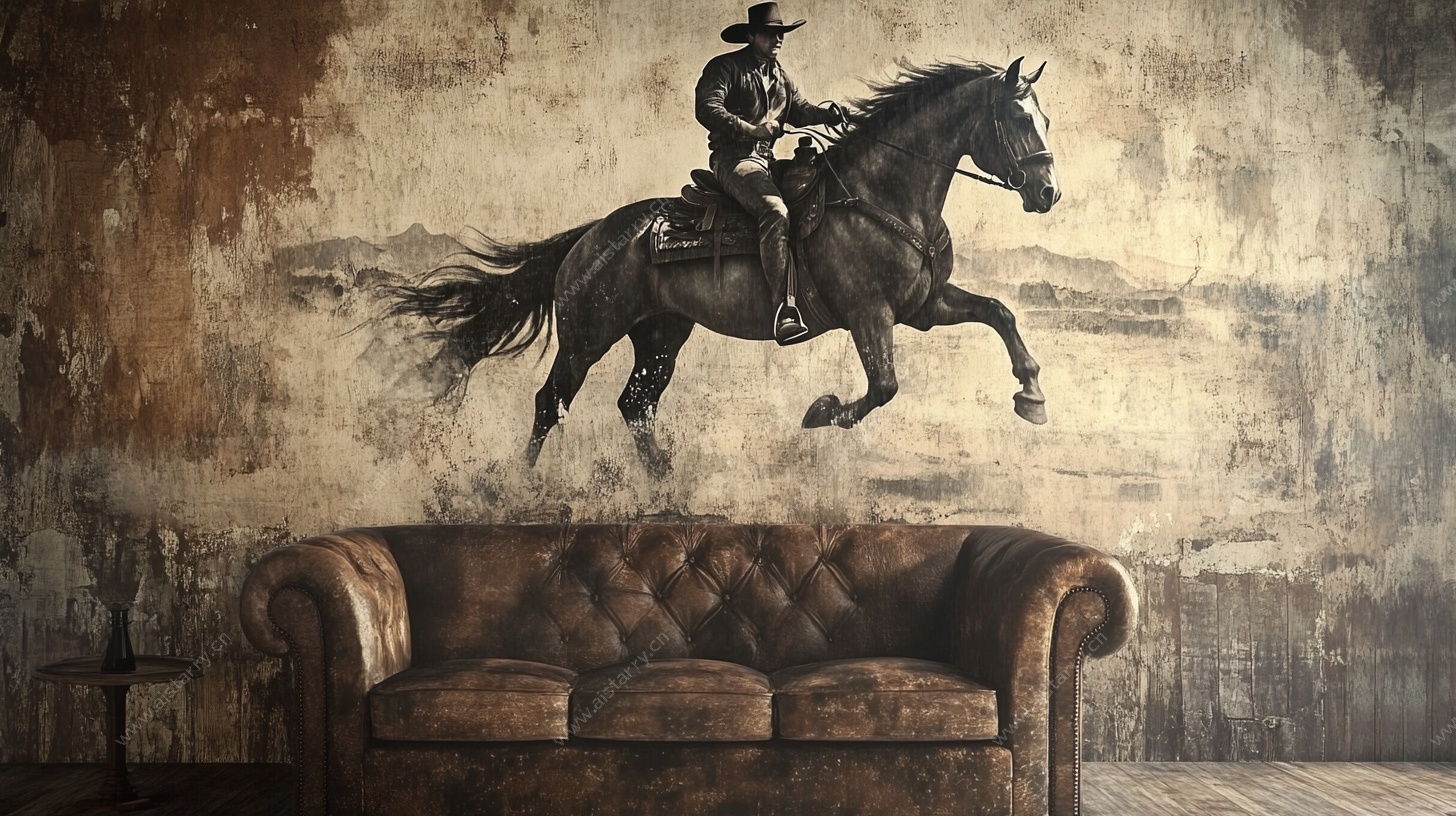 复古牛仔骑马墙绘沙发场景