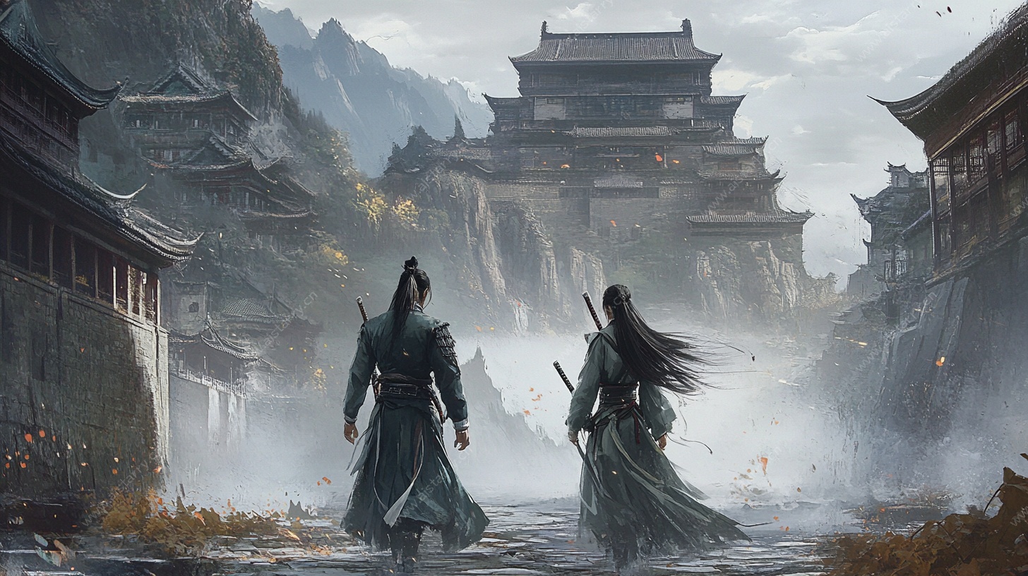 古风仙侠侠客漫步古城