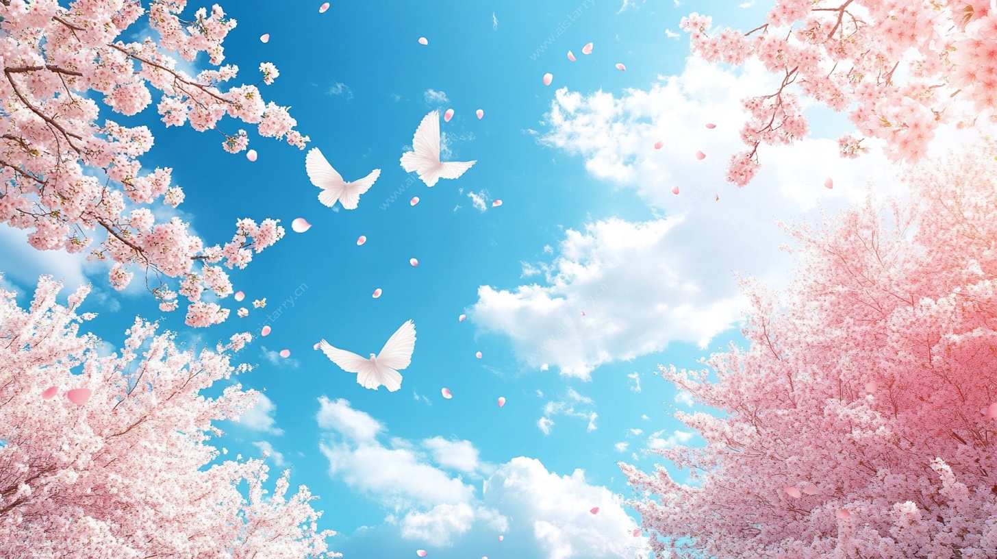 春日樱花飞鸟梦幻美景