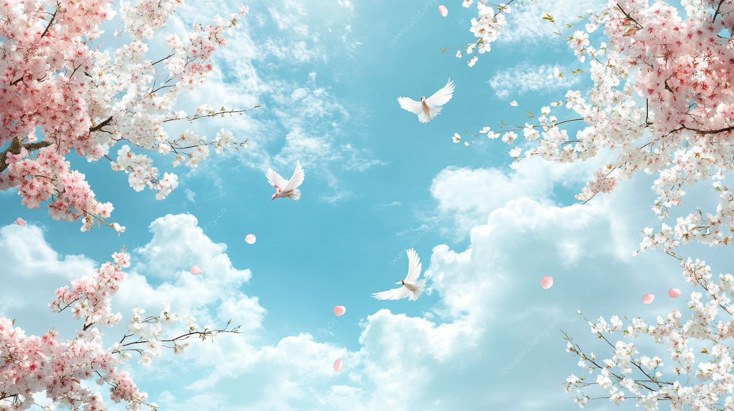春日樱花飞鸟梦幻天空