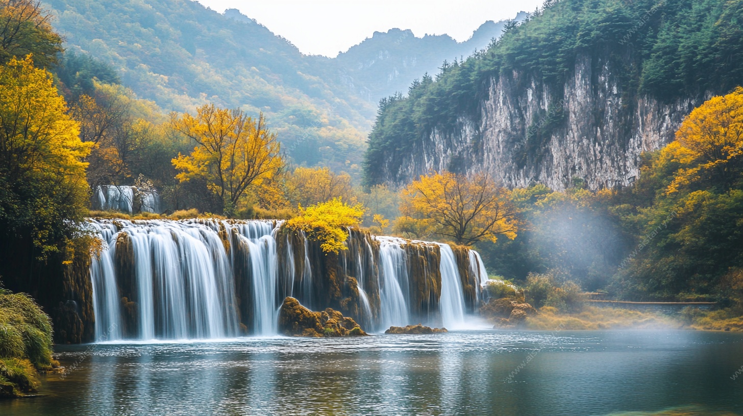 秋日山林中的壮美瀑布