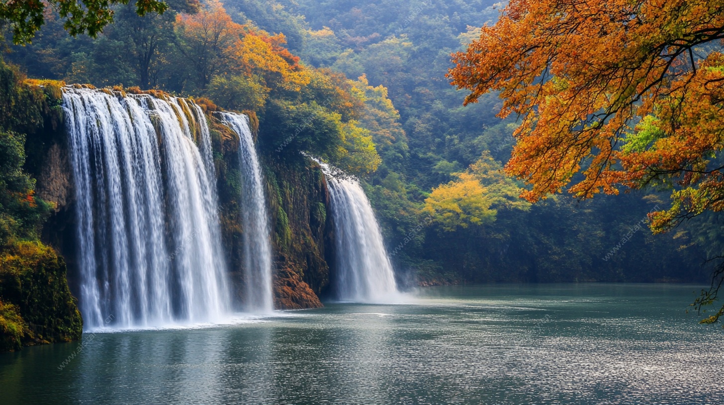 秋日壮丽瀑布山林景观