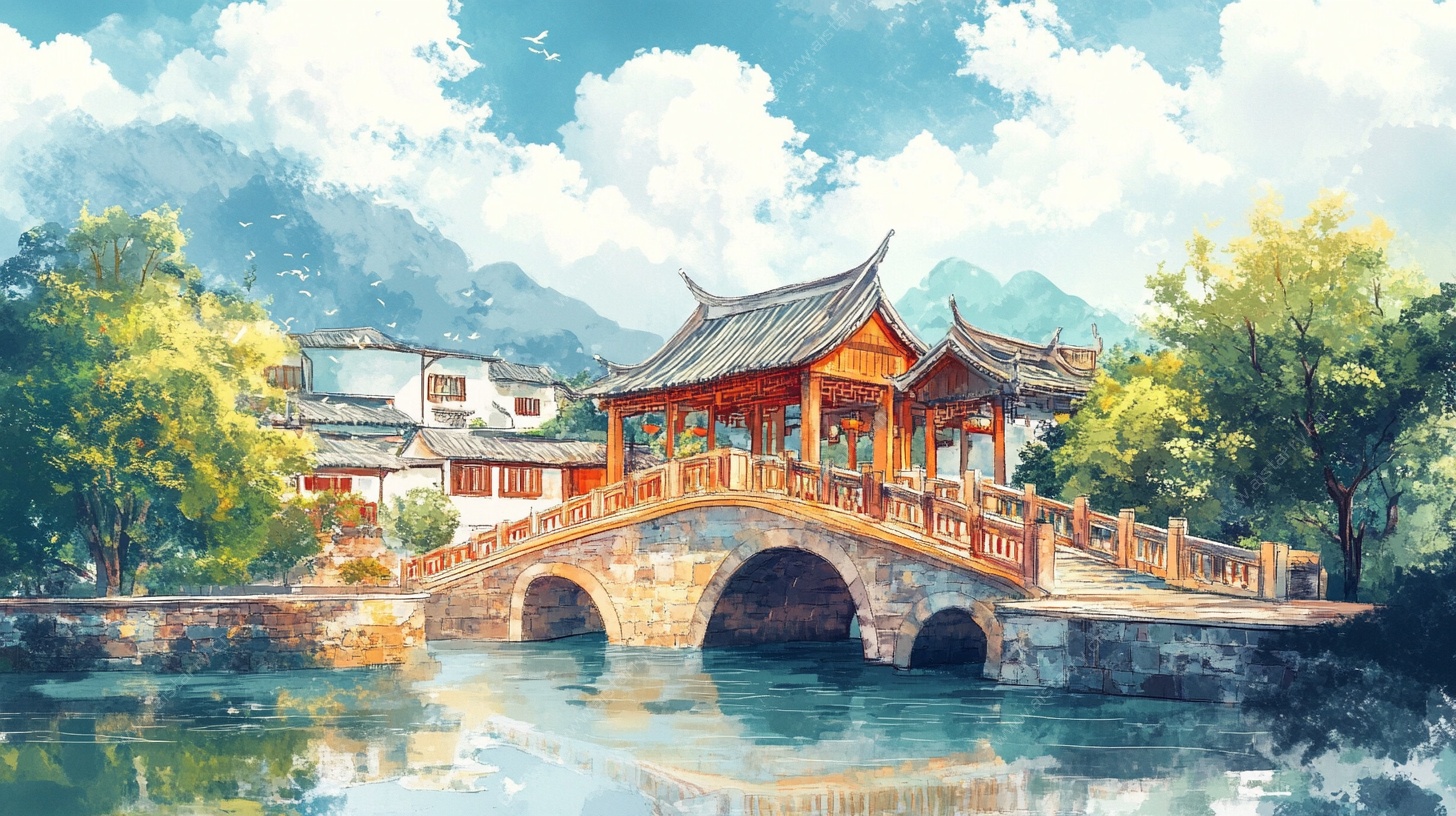 中式古桥山水美景图