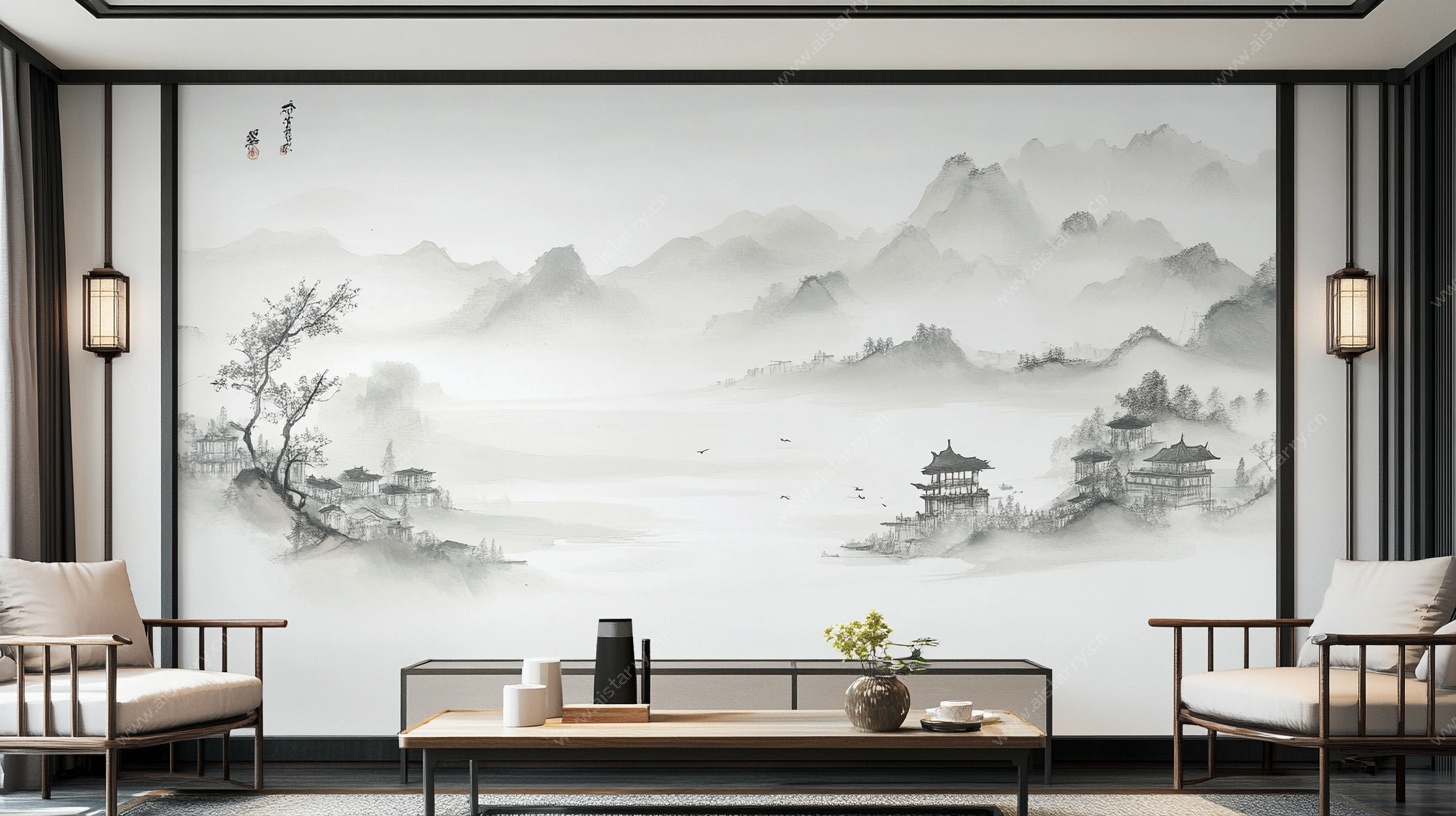 中式客厅水墨山水背景墙