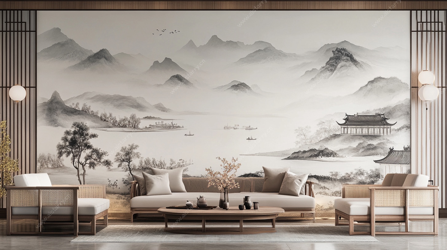 中式山水客厅装饰画场景