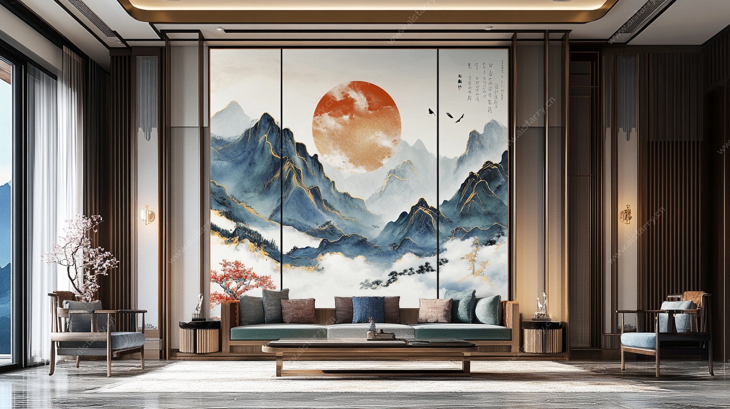中式客厅山水壁画装饰图