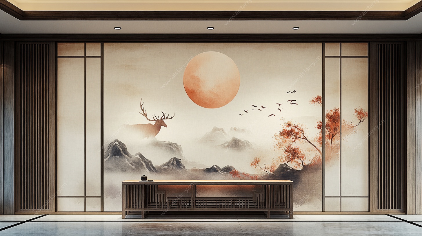 中式山水鹿月背景墙