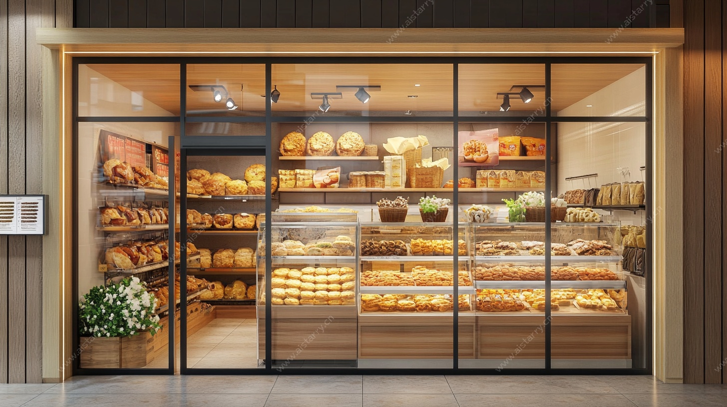 面包店橱窗展示丰富糕点