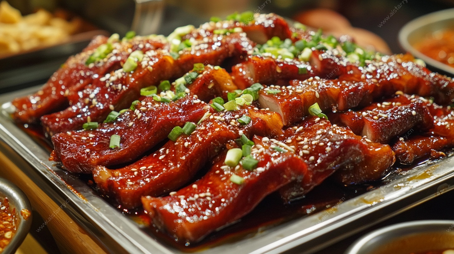 美味烤排骨诱人摆盘中