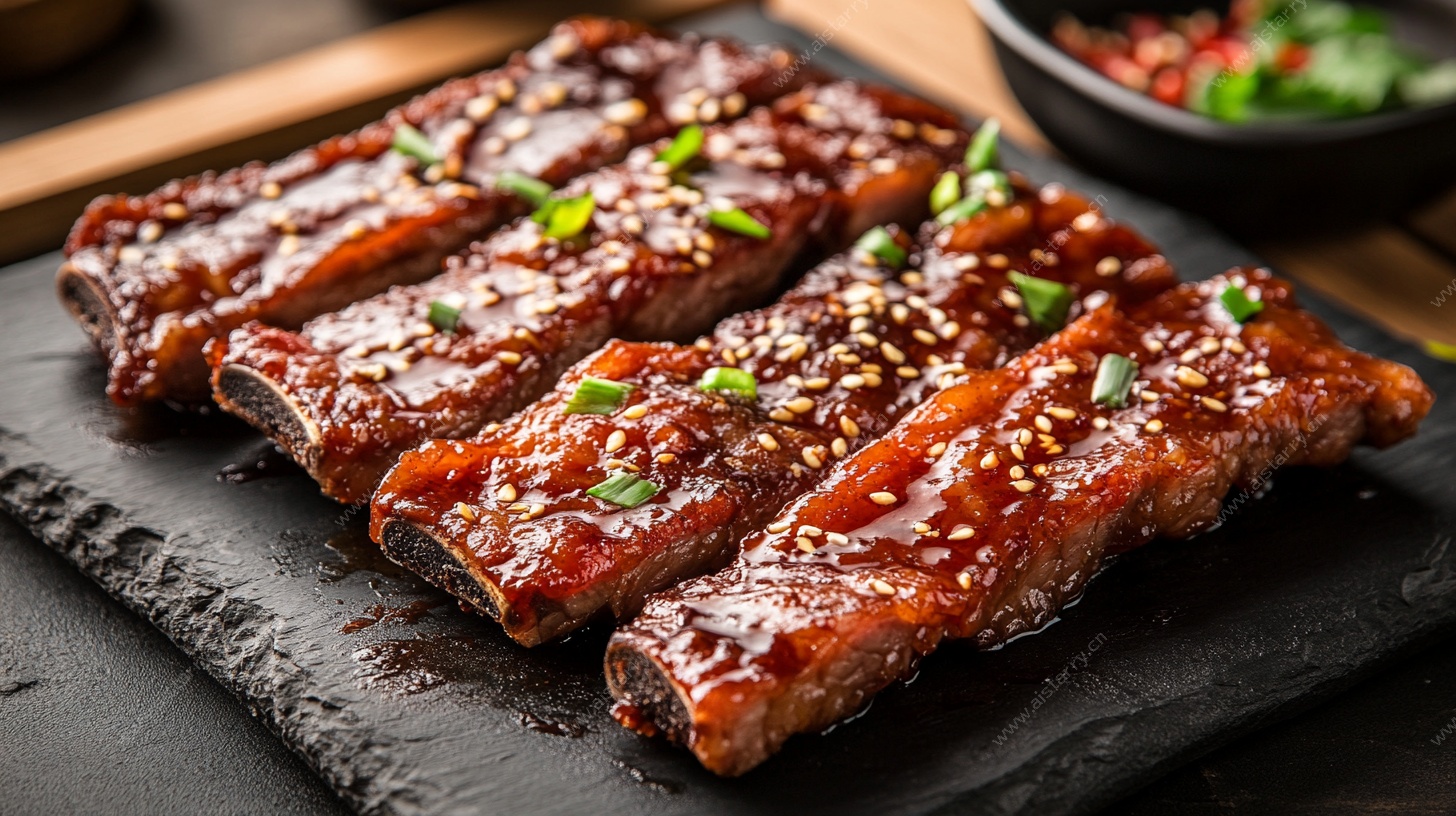 美味烤排骨摆放在石板上