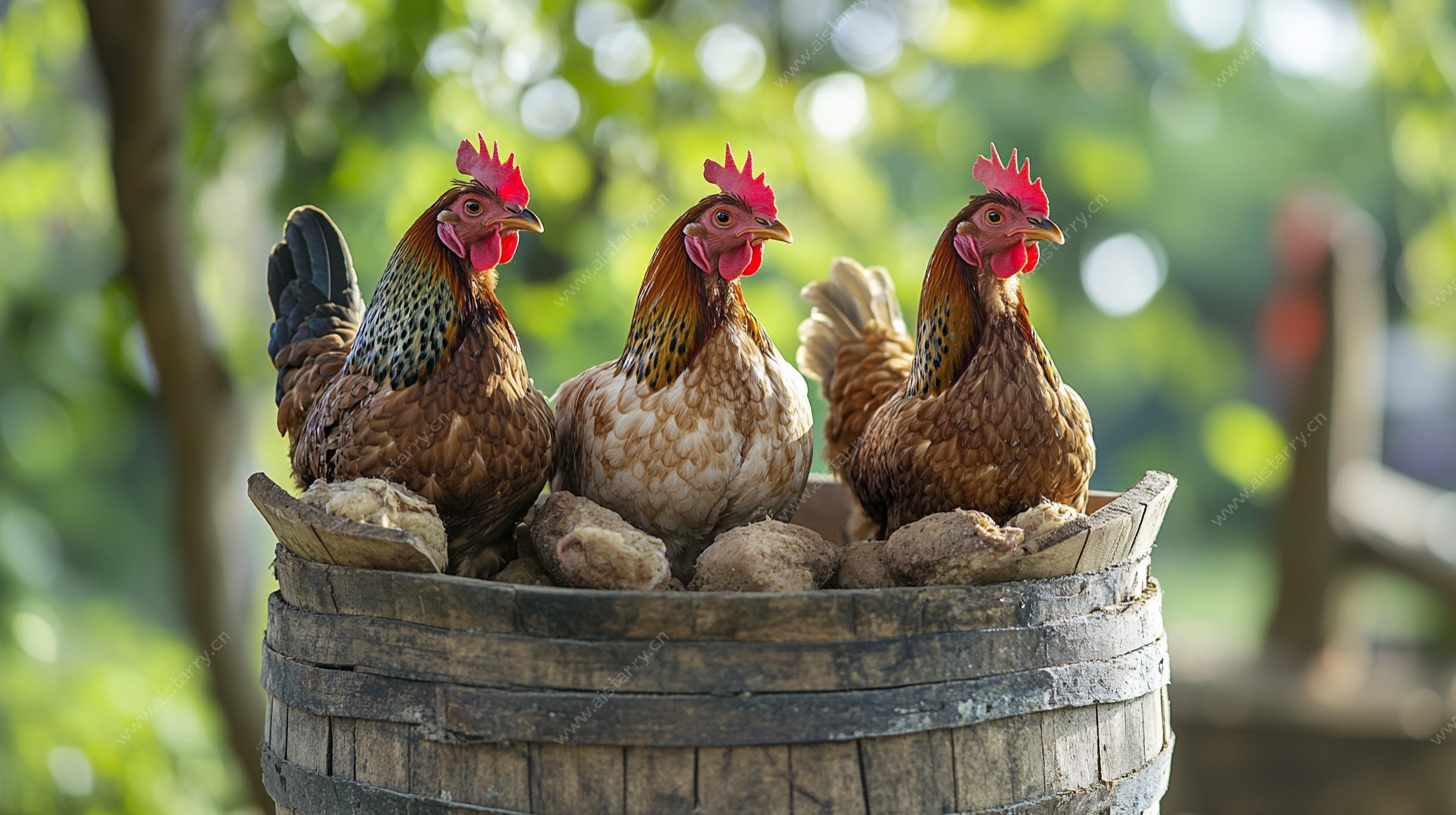 三只母鸡立于木桶上