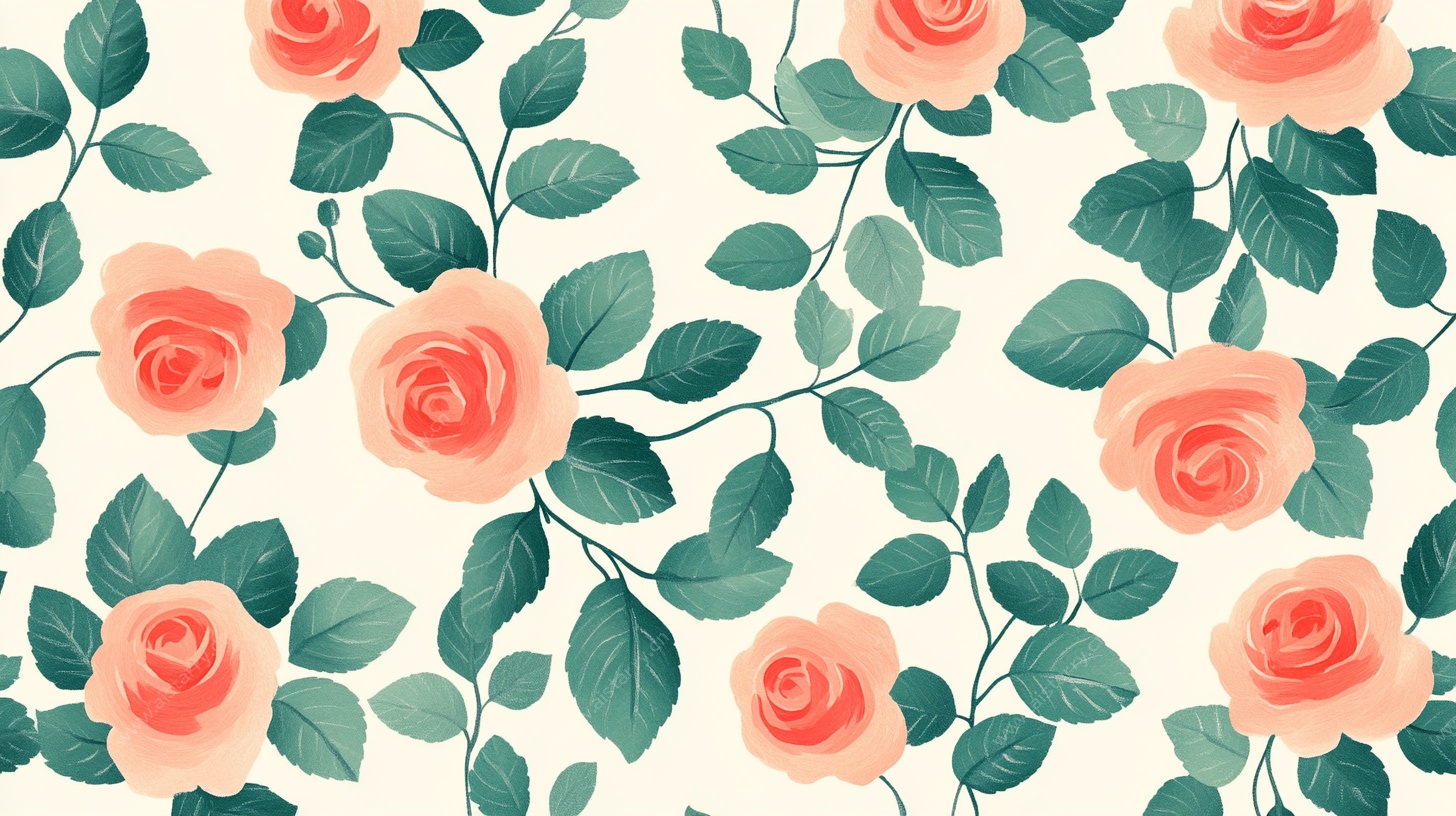 粉色玫瑰绿叶无缝图案