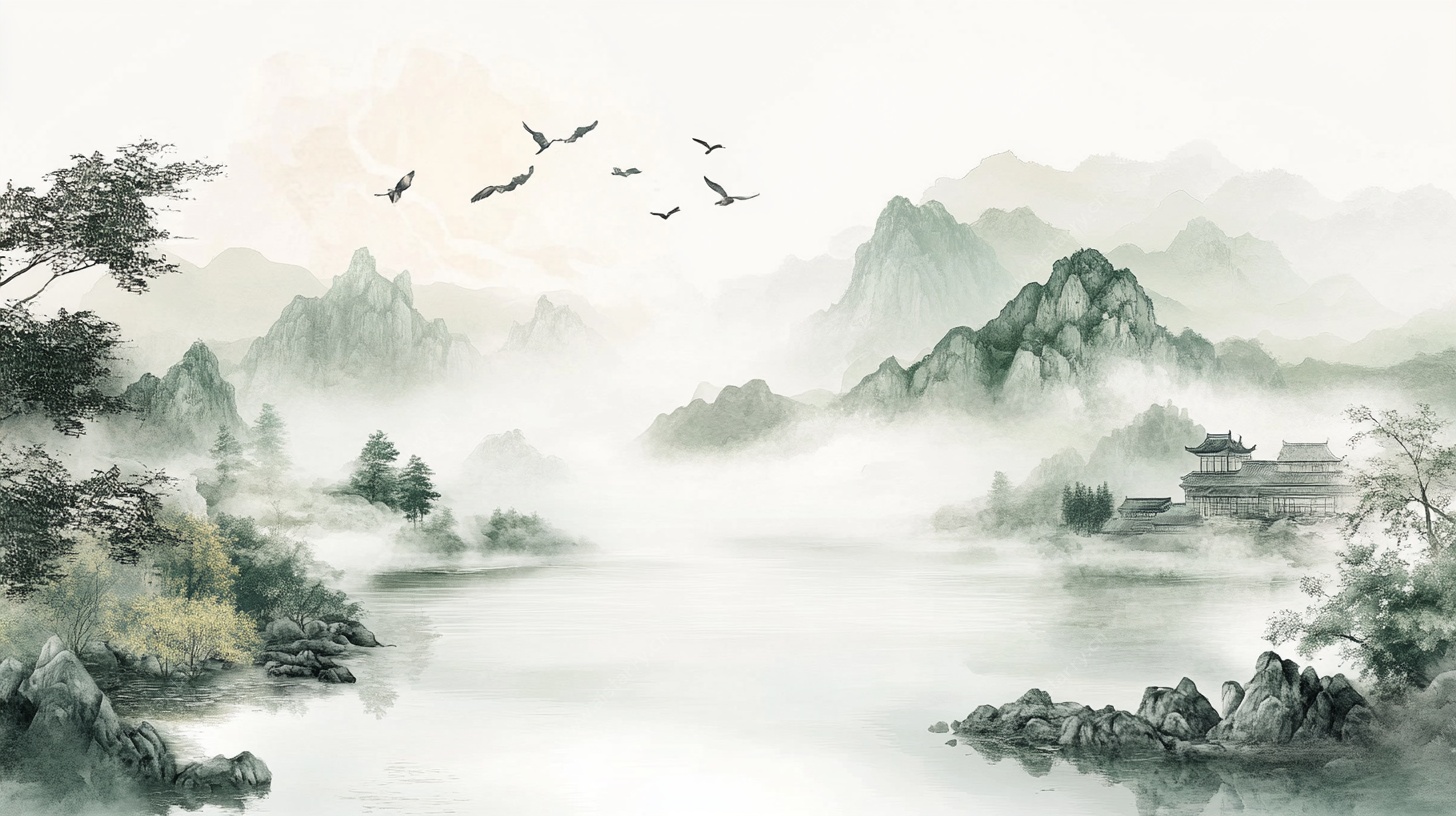 水墨山水飞鸟图
