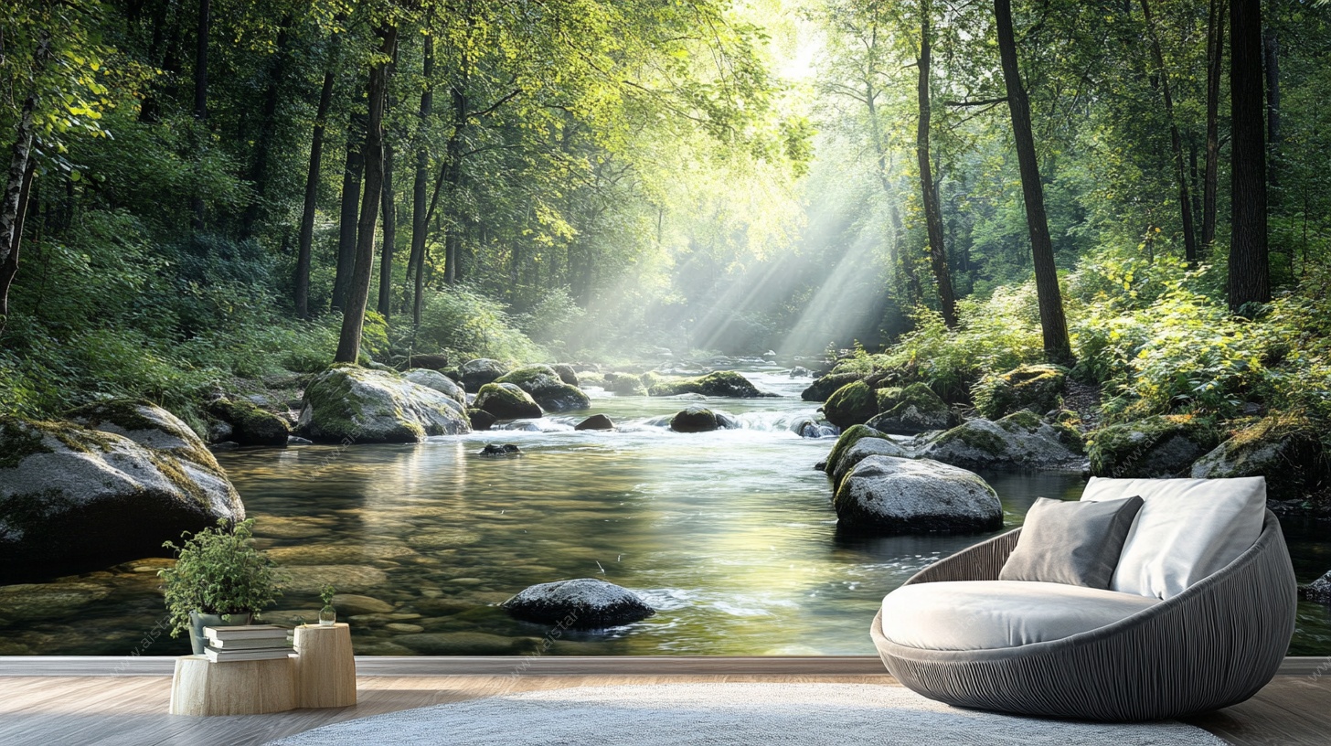 森林溪流旁的舒适休闲空间