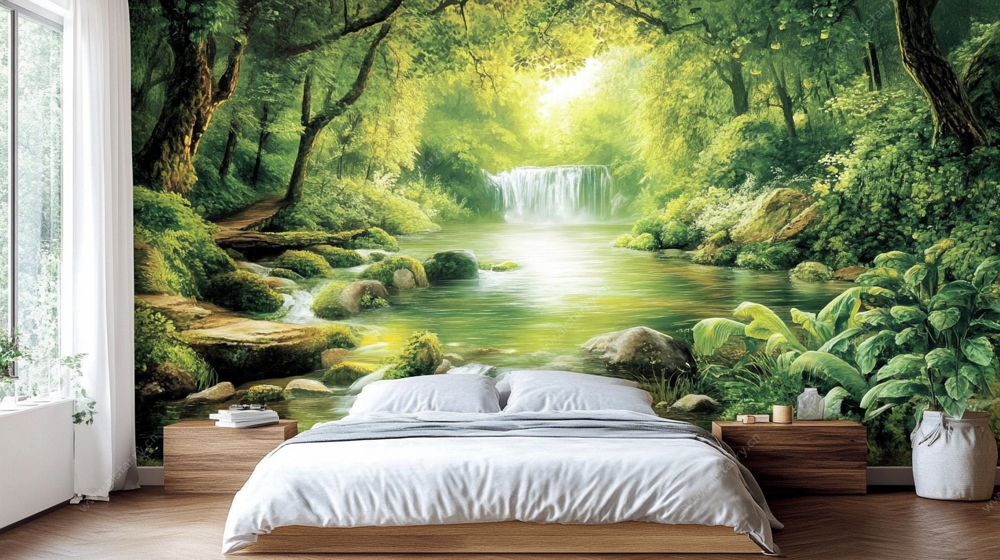 梦幻森林瀑布卧室背景墙