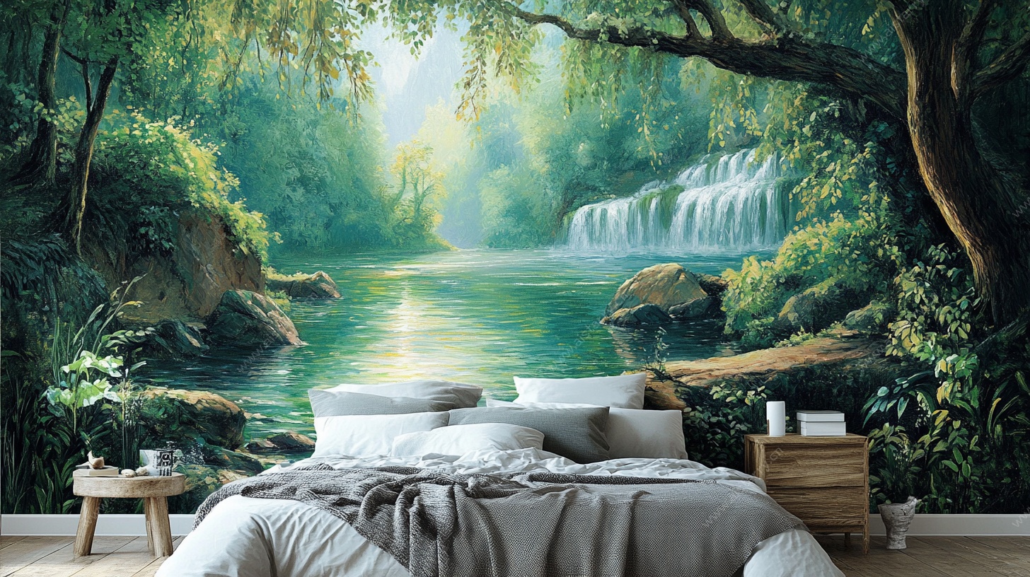 梦幻森林瀑布卧室背景墙