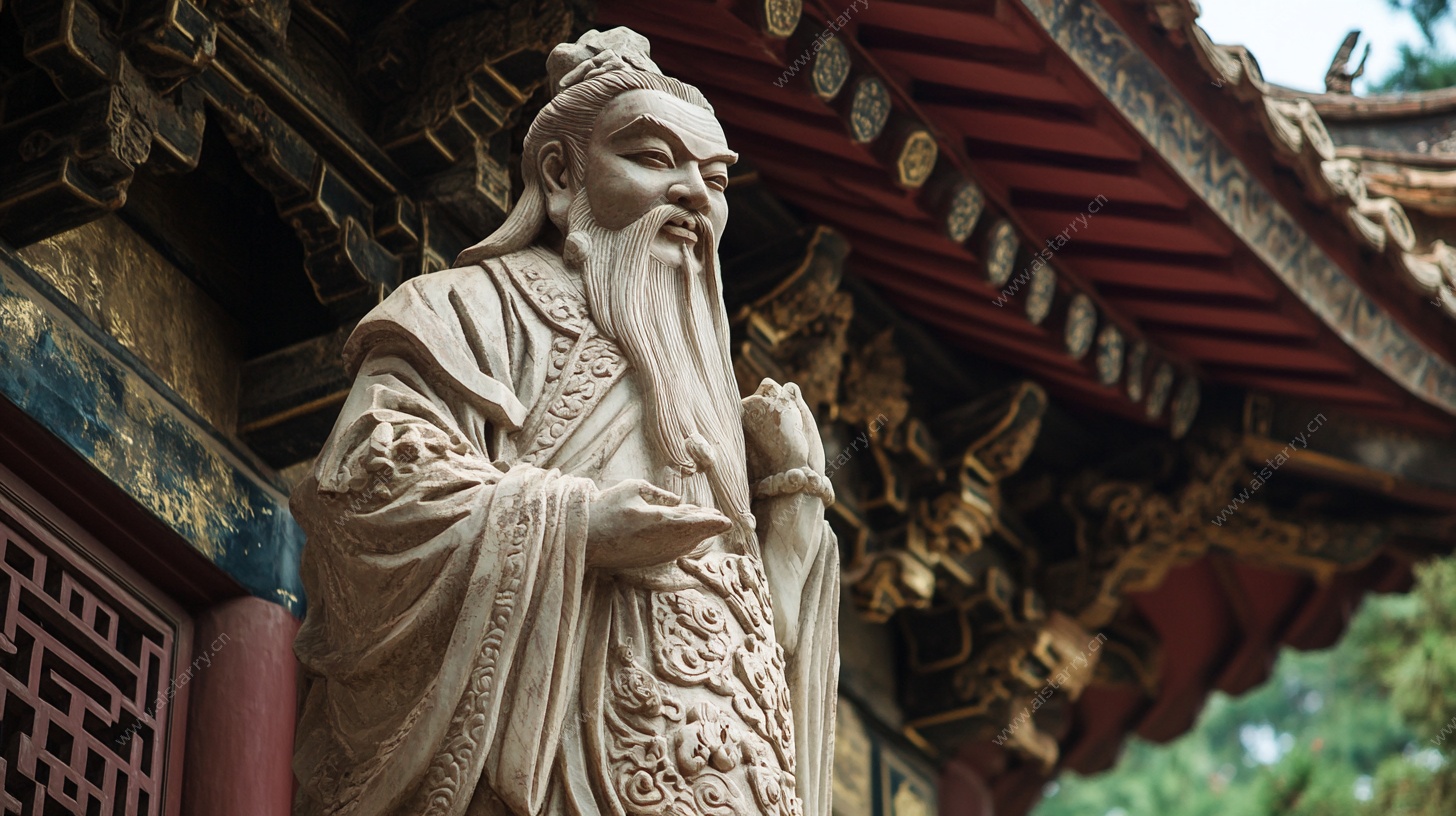 中式庙宇前的老者雕像