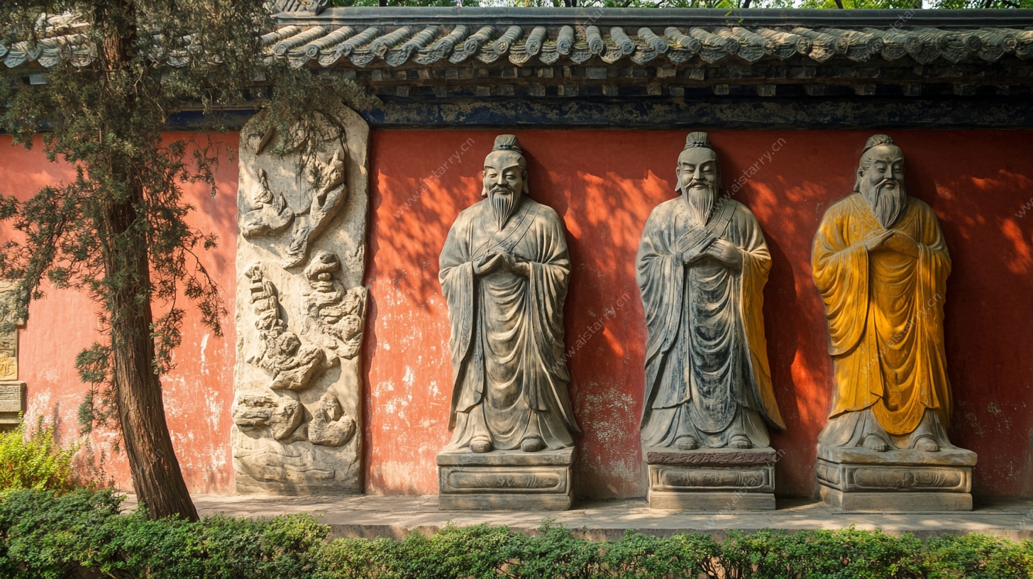 古墙边的三尊人物雕像