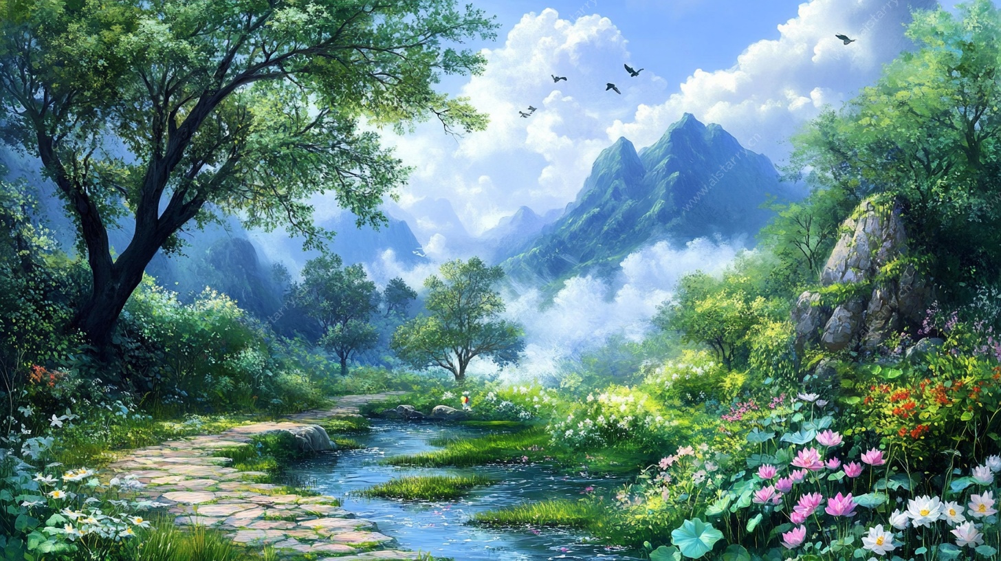 山间小径梦幻自然风景图