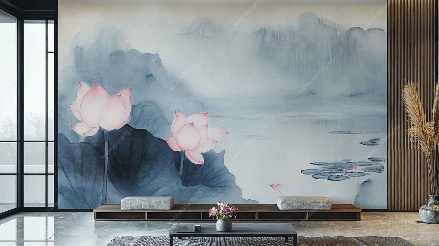 中式水墨荷花客厅背景墙
