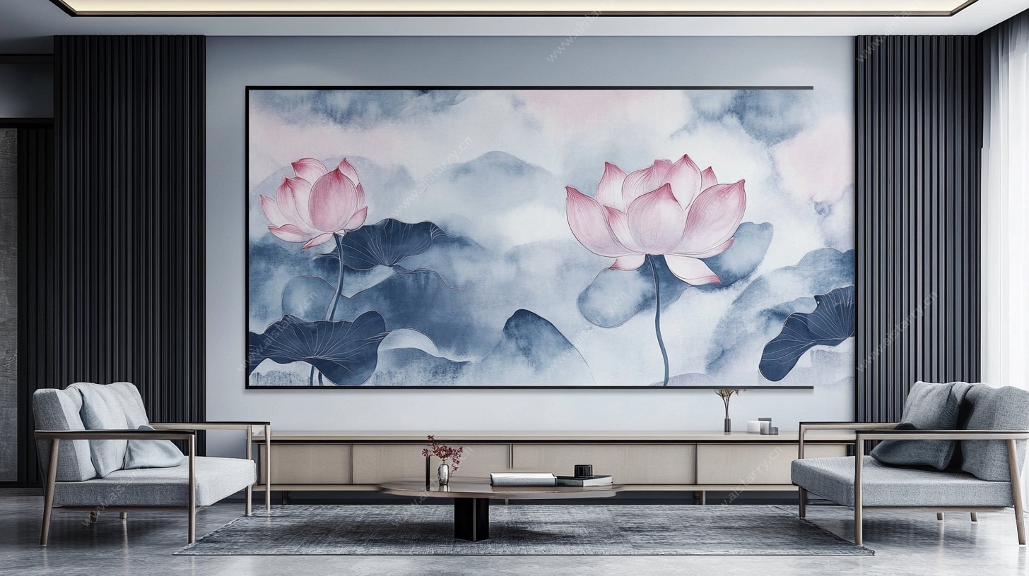 中式客厅水墨荷花装饰画