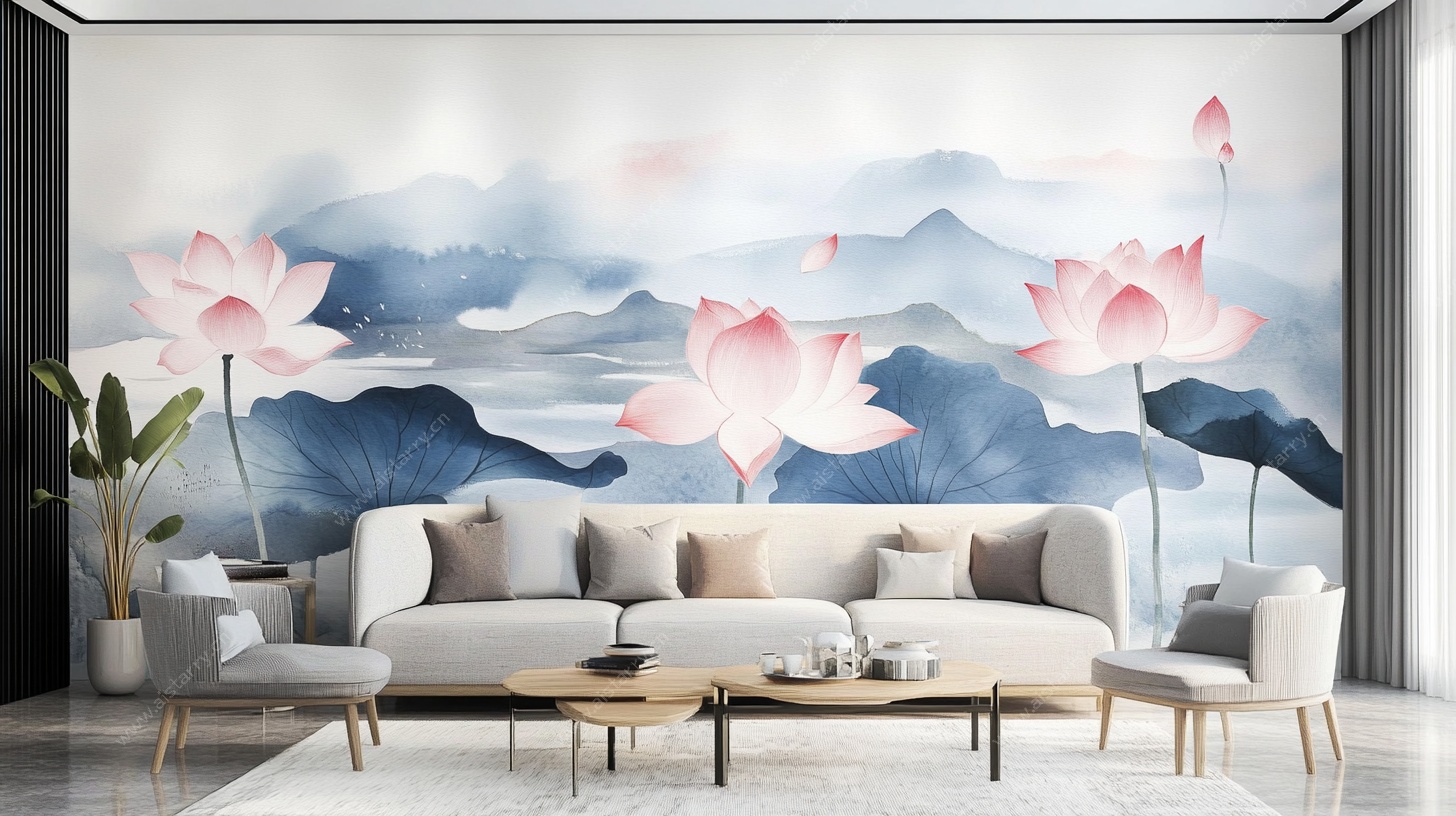 中式山水荷花客厅背景墙