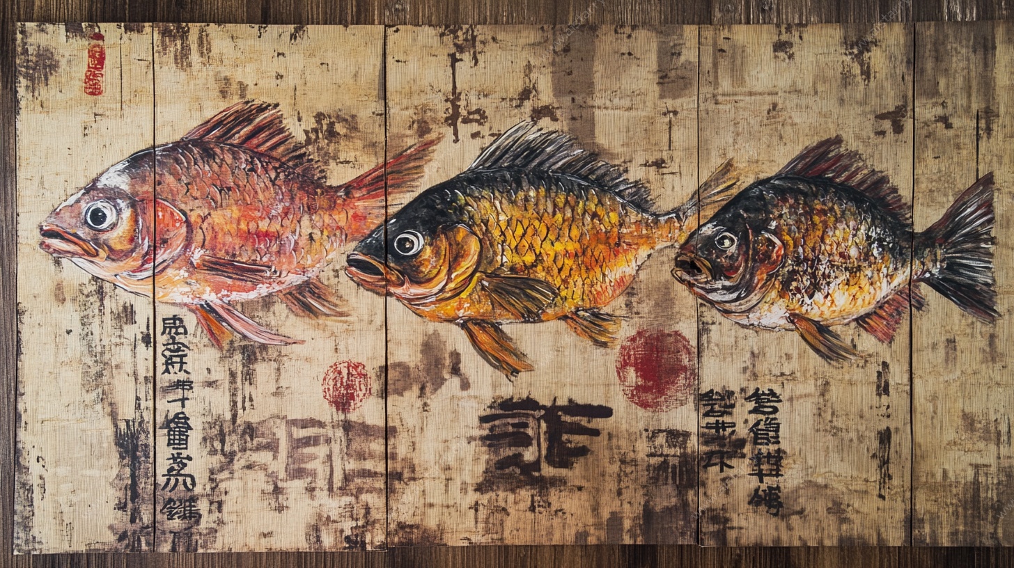 木板上的中式彩绘鱼