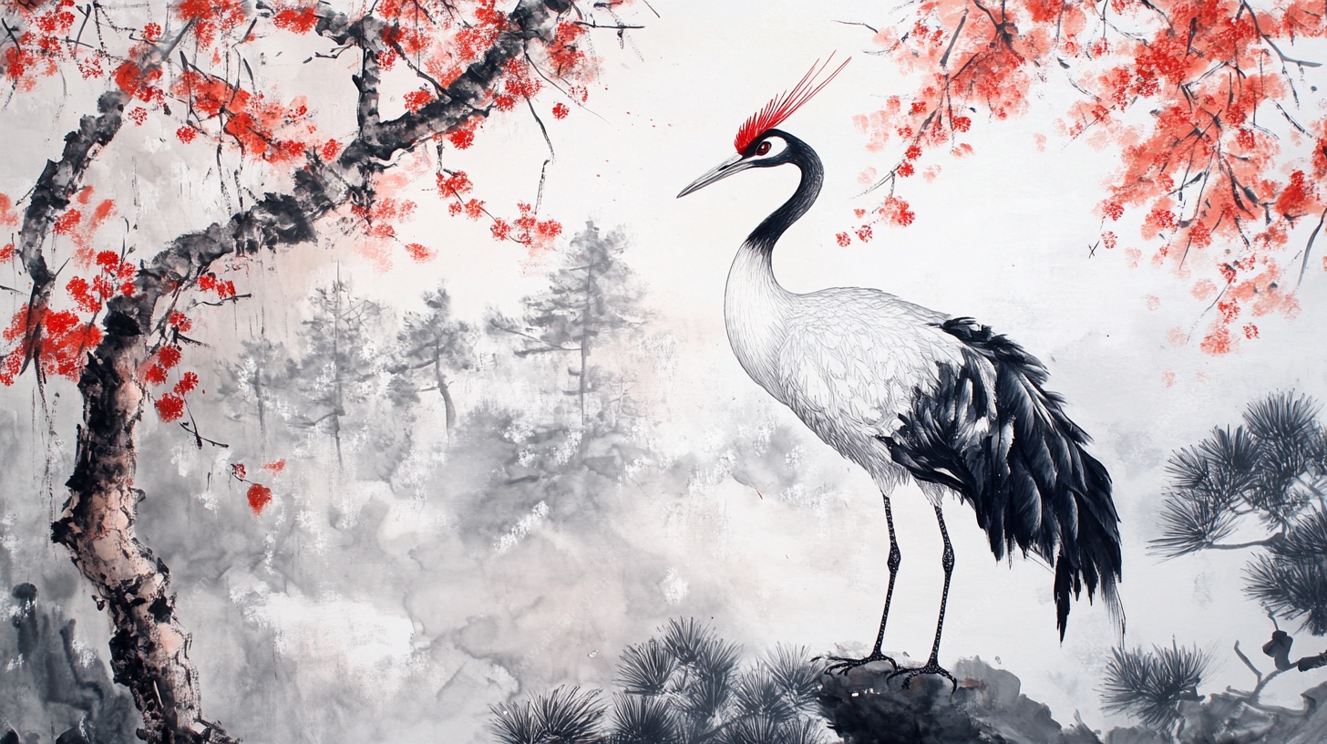 丹顶鹤立于繁花松柏间