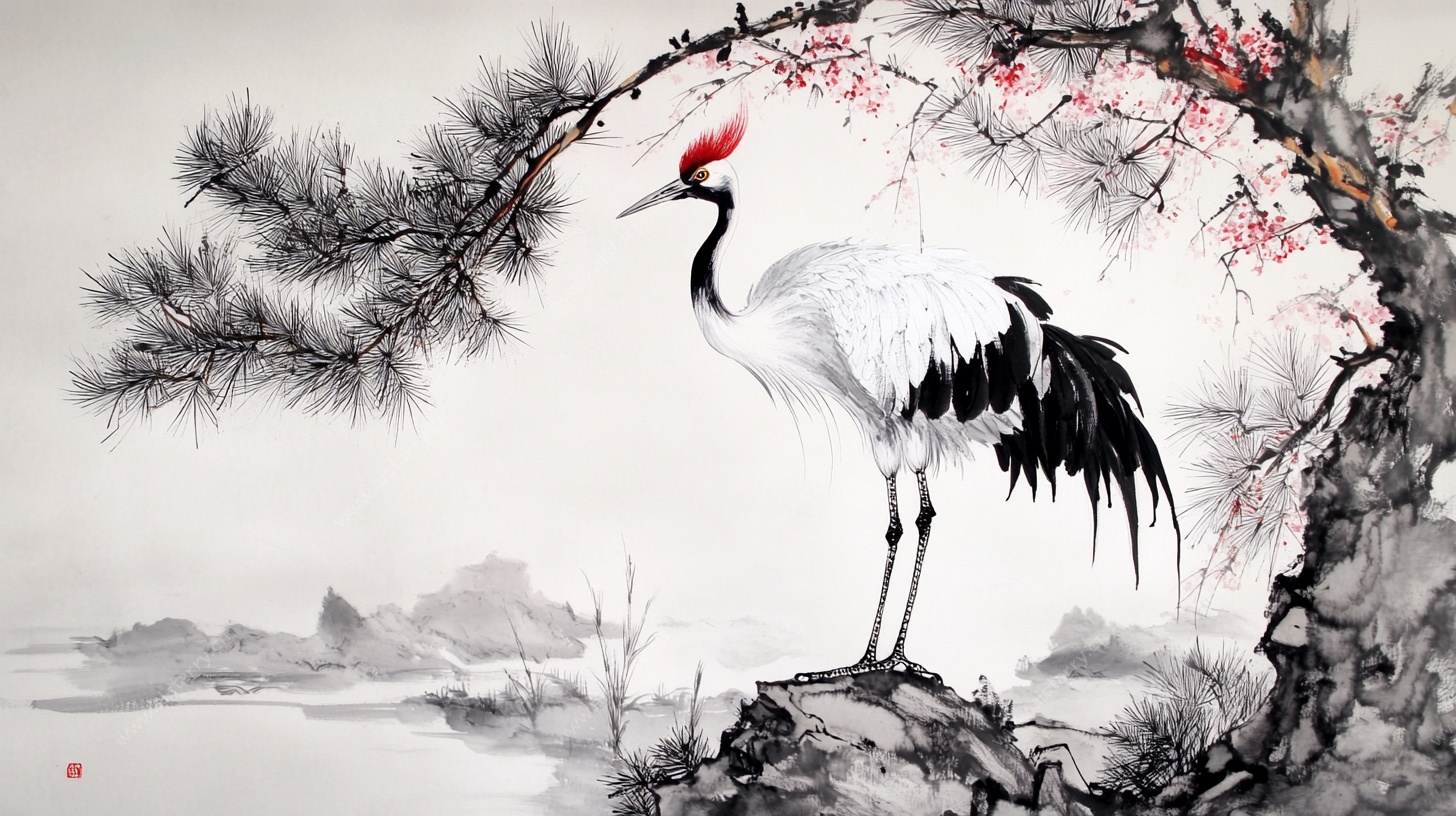水墨丹顶鹤图