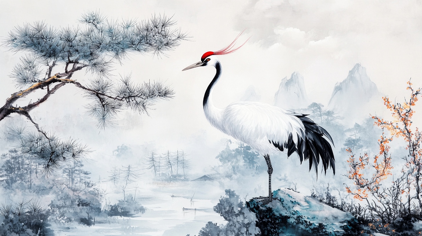 丹顶鹤立于山水间图景