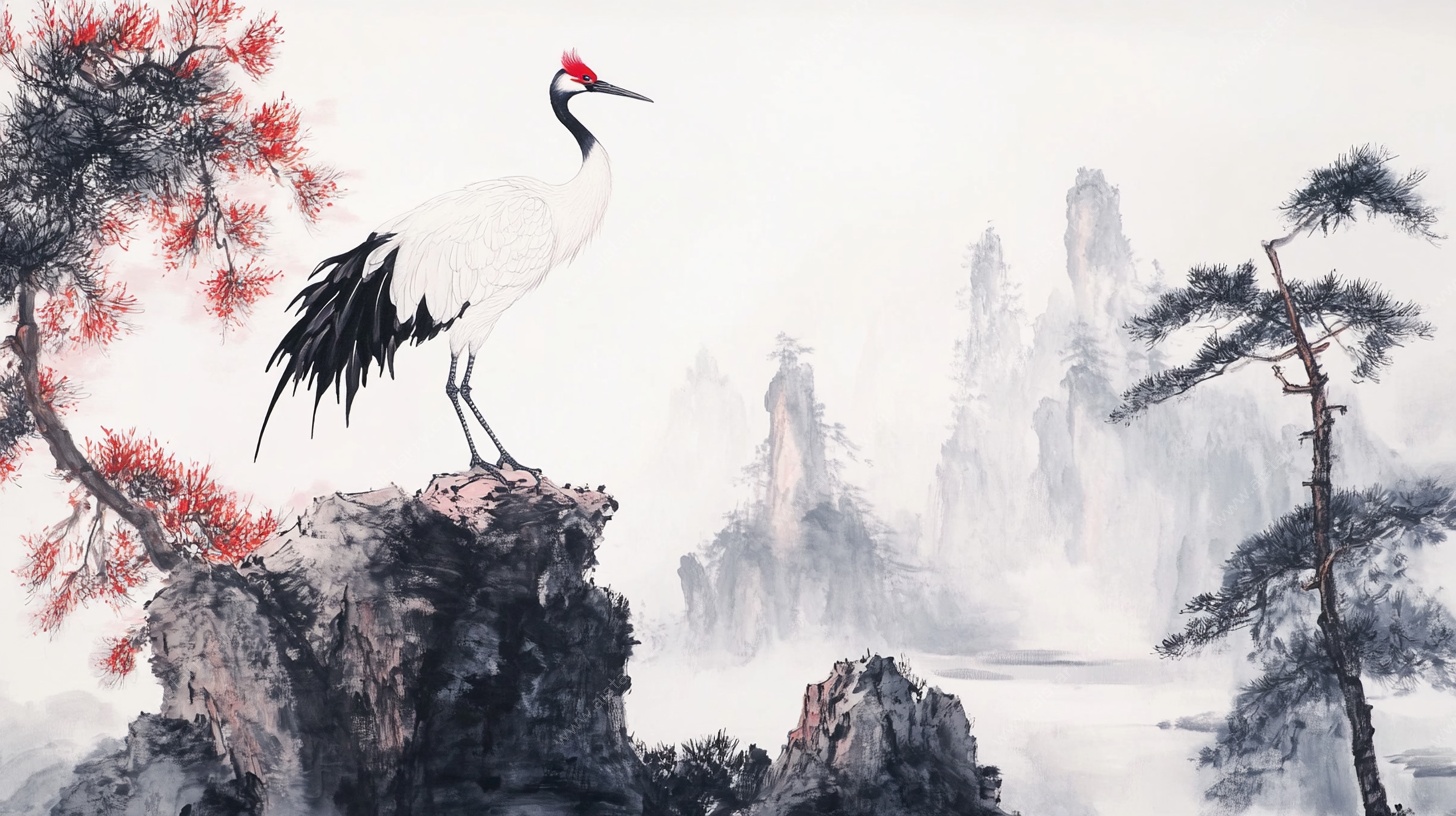 丹顶鹤立于山水间图景