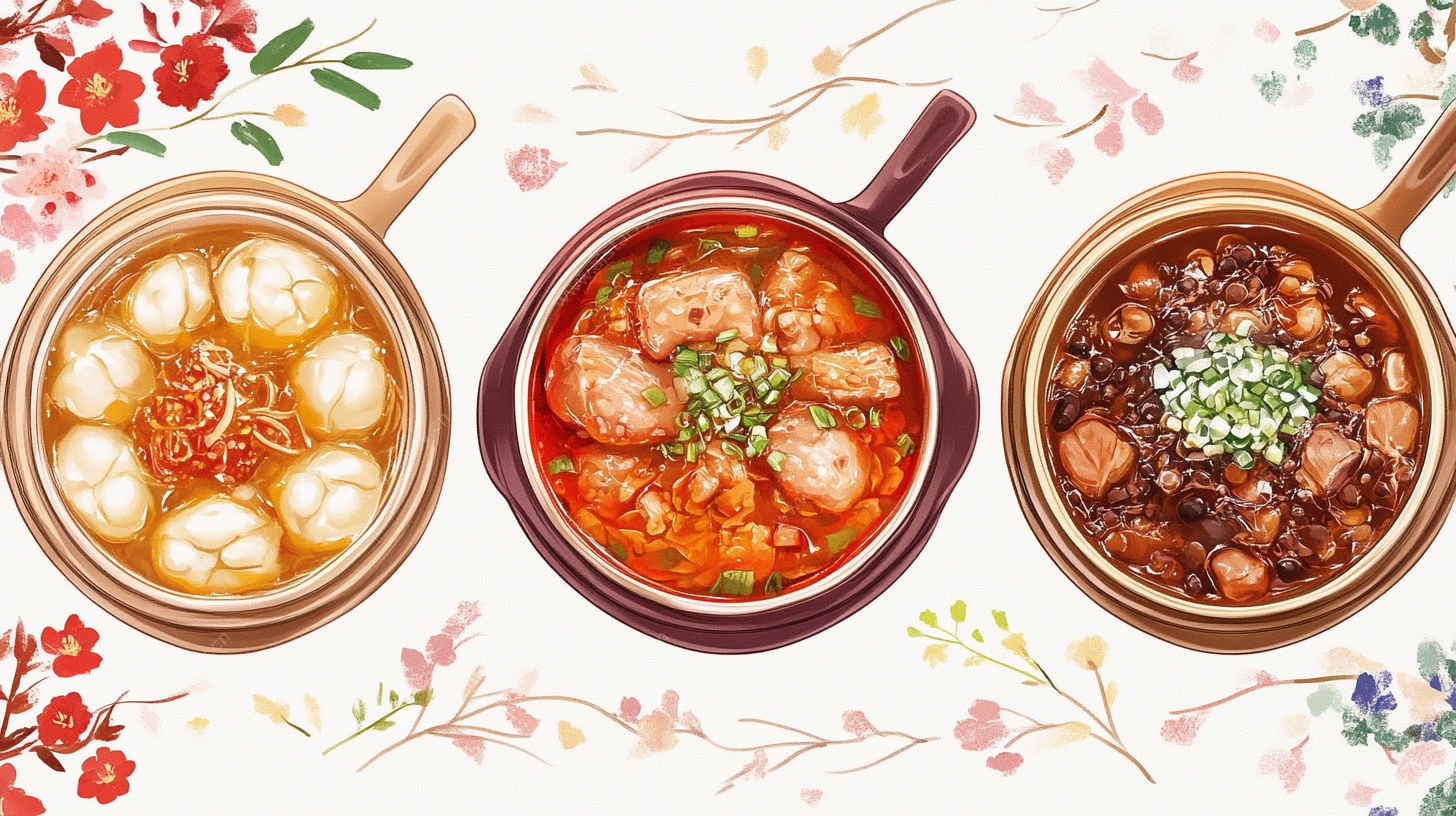 三款美味中式炖菜插画