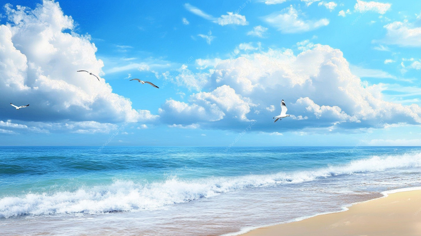 海边美景 海鸥翱翔天际