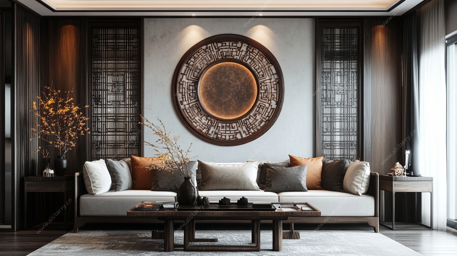 中式典雅客厅沙发背景墙