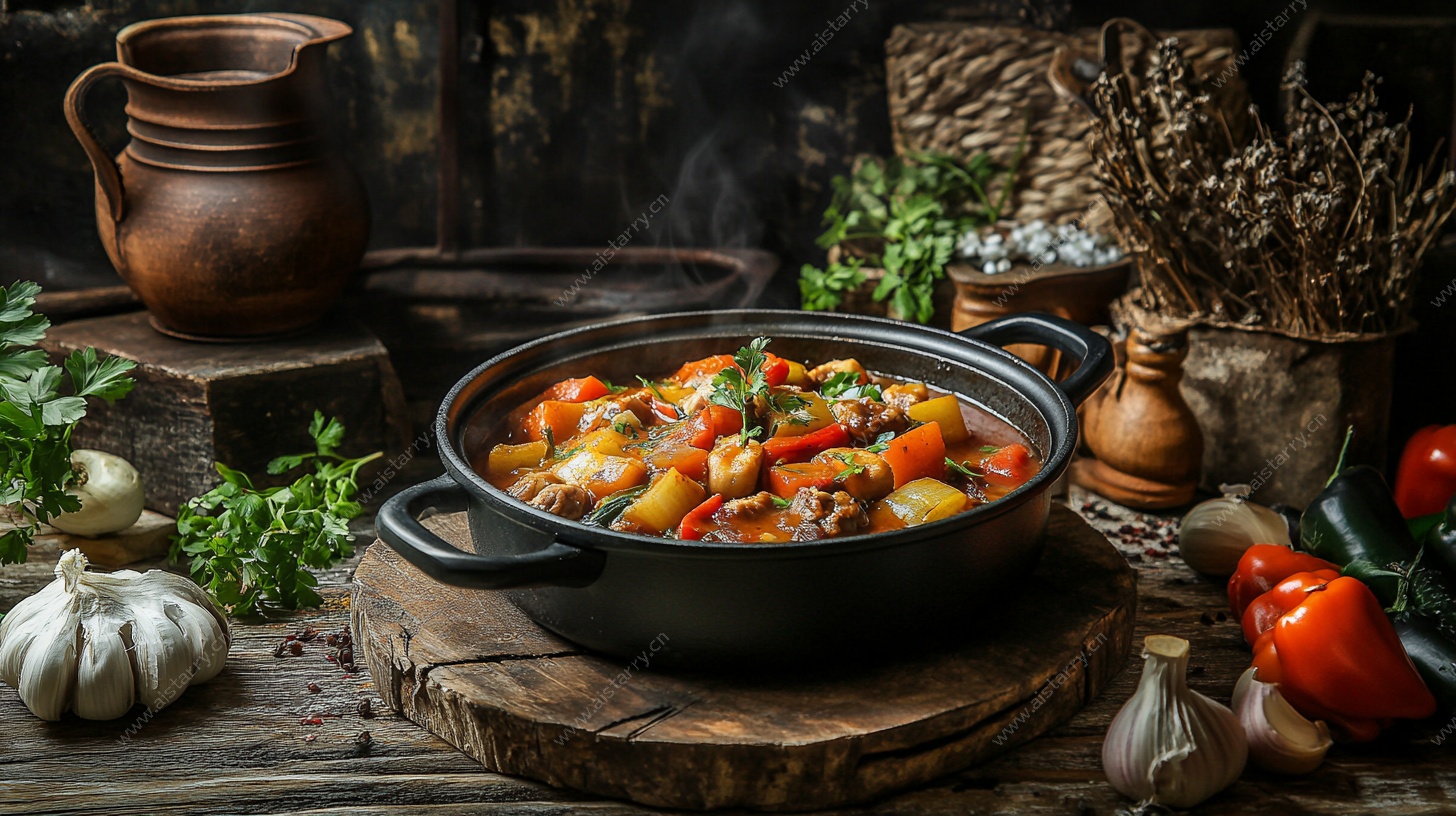 铸铁锅中的多彩炖菜