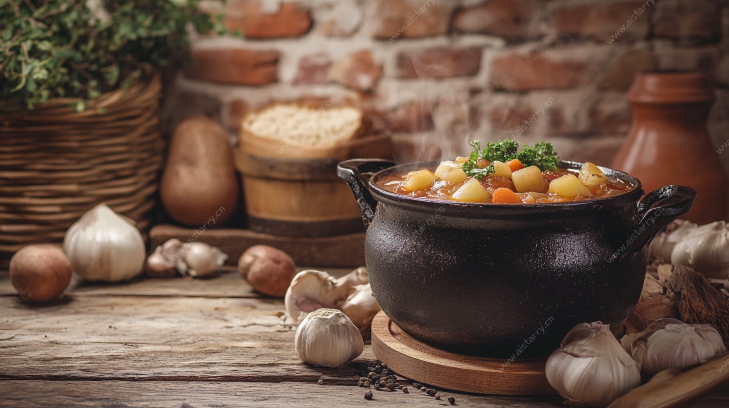 土锅炖菜摆于复古木桌旁