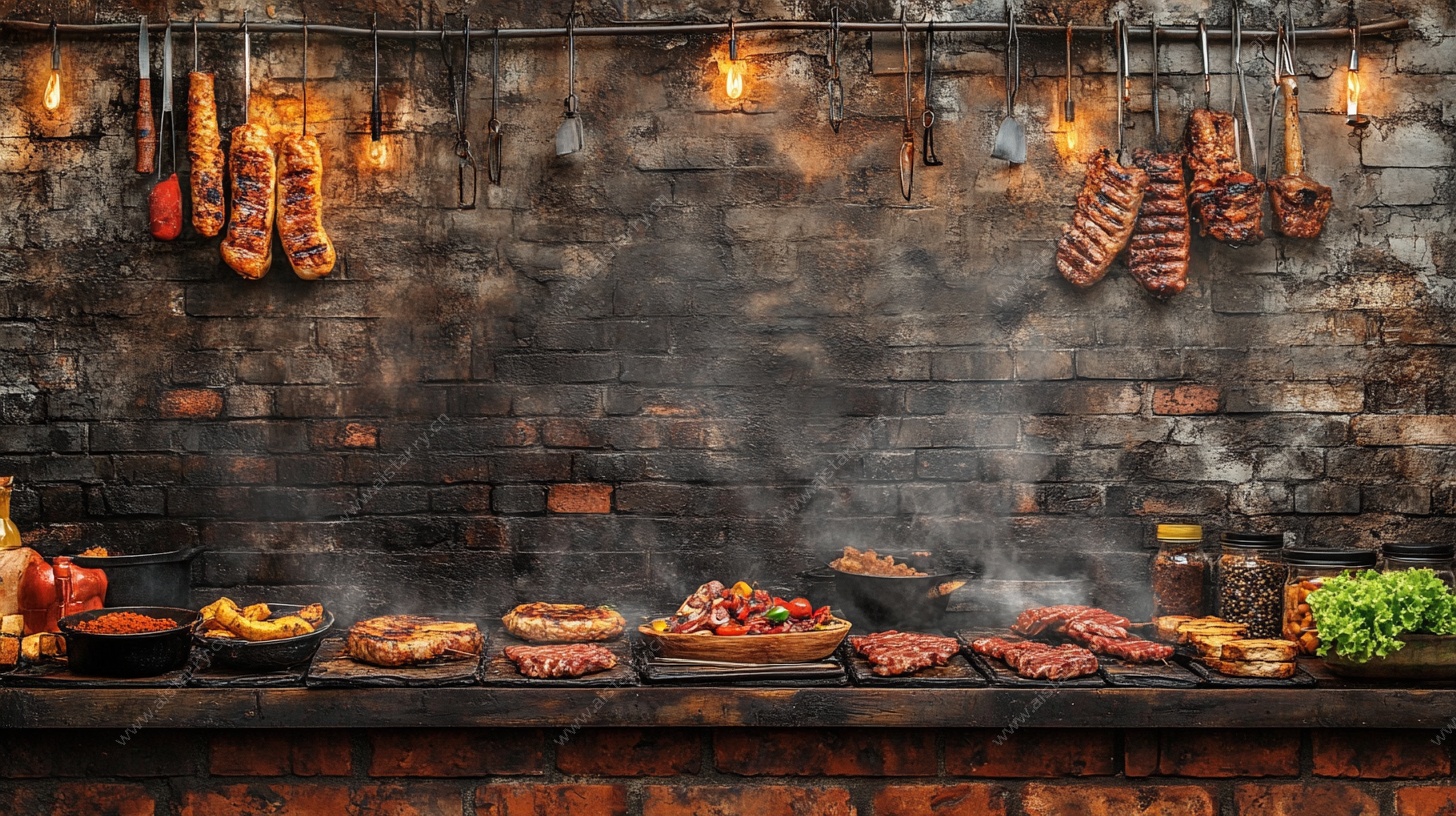 砖砌烤架上的丰盛烤肉盛宴