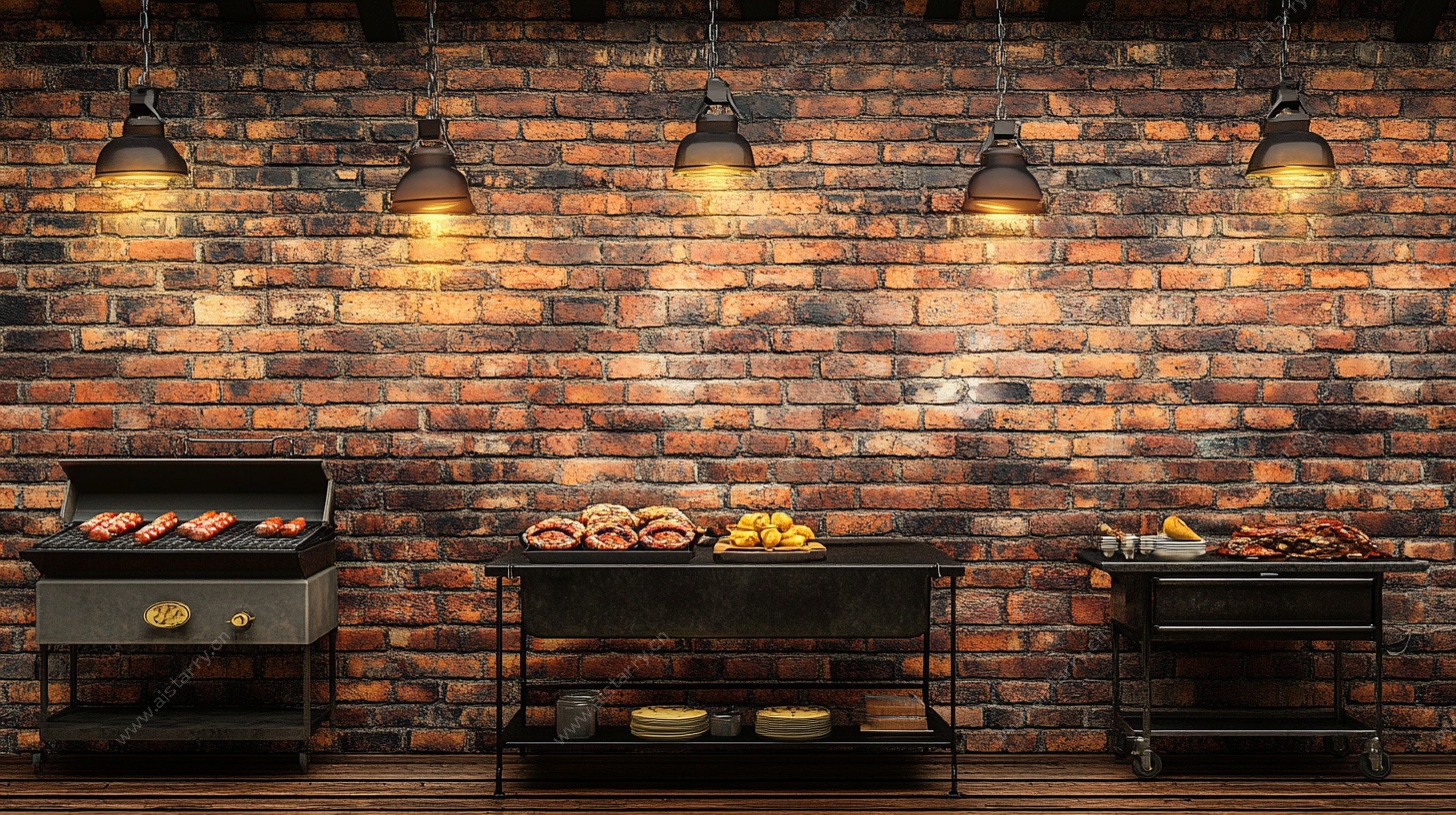 复古砖墙下的户外烧烤场景