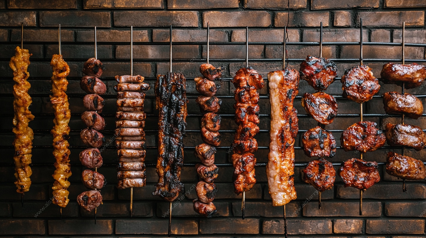 砖砌烤架上的多样烤肉串