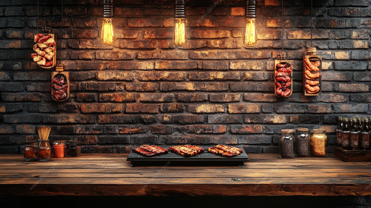 复古砖墙下的美味烤肉场景