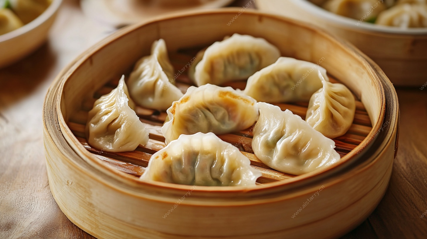 竹制蒸笼里的美味饺子