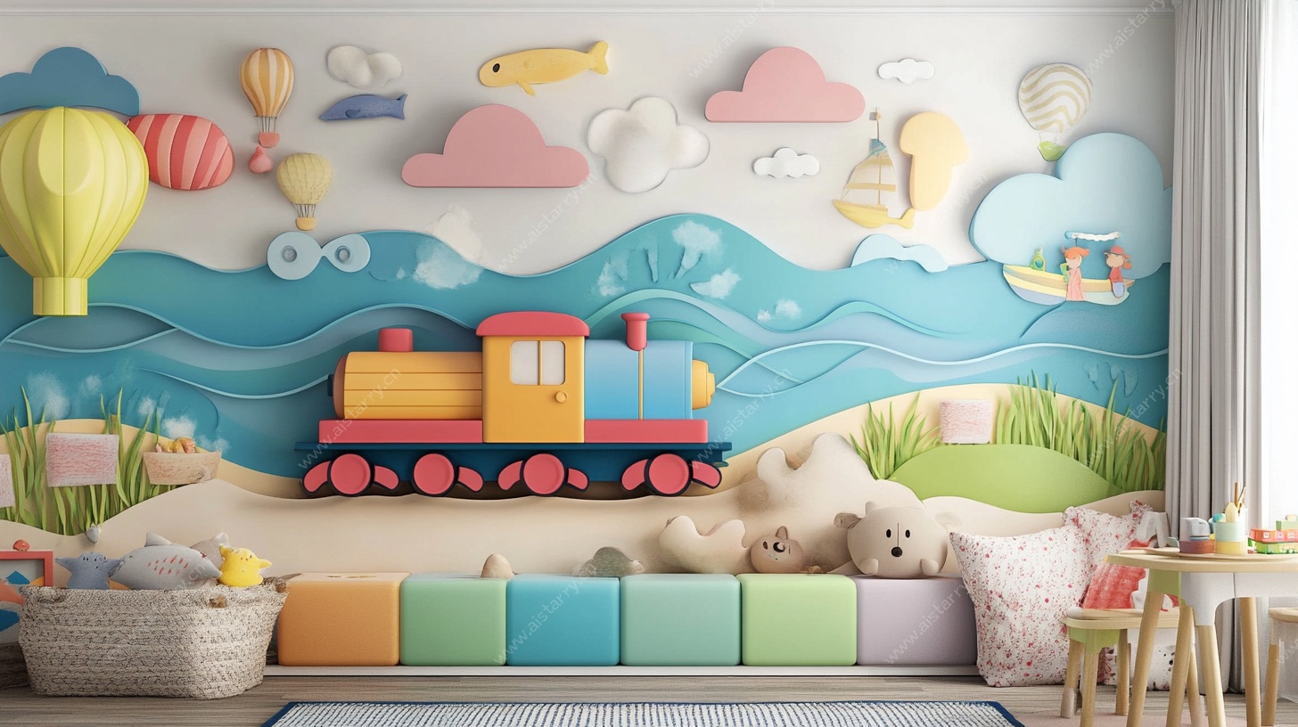 童趣火车主题儿童房背景墙