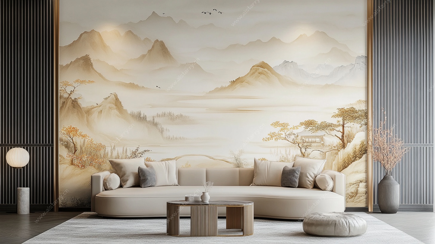 新中式山水风客厅背景墙