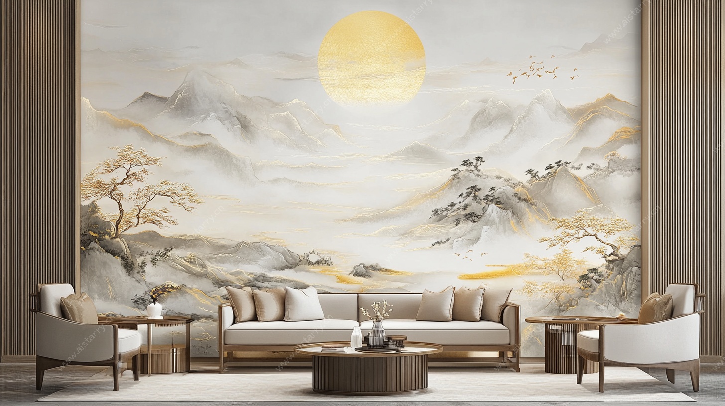 中式山水客厅背景墙画面