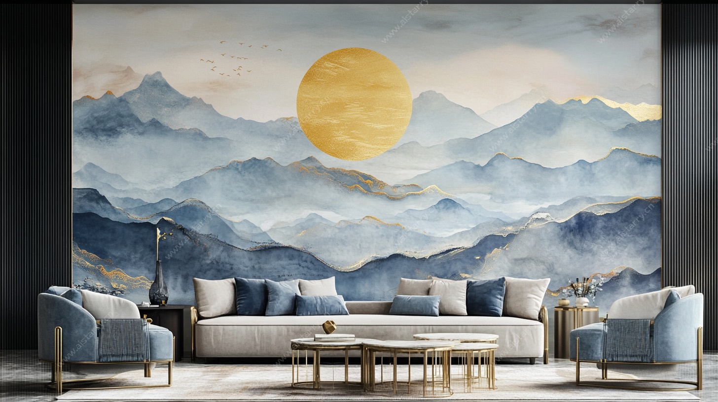 中式山水客厅壁画装饰图