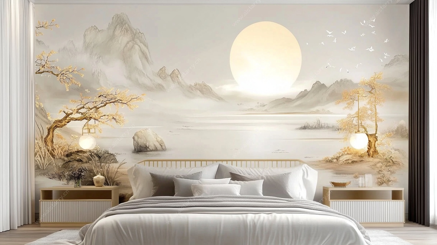 中式山水卧室背景墙